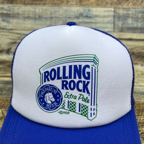 Rolling Rock Mens Trucker Hat Blue Snapback 1939 American Lager Beer Ball Cap - Picture 2 of 7
